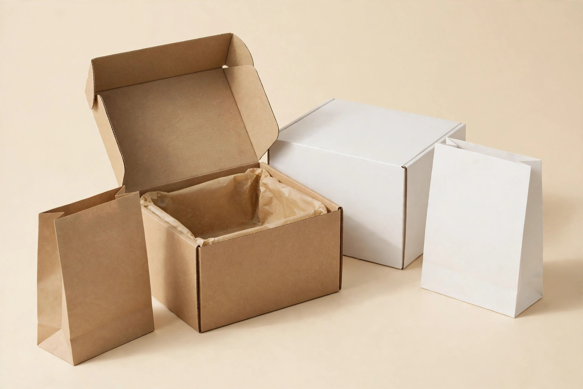 Kraft and white food packaging boxes and bags